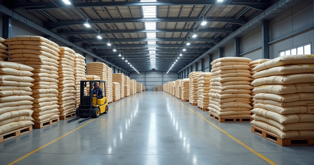 Pilhas de sacos industriais prontos para envio em armazém 