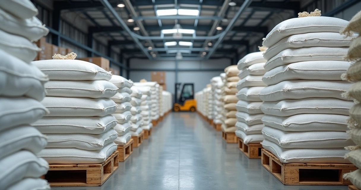 Sacos de ráfia empilhados em armazém industrial 