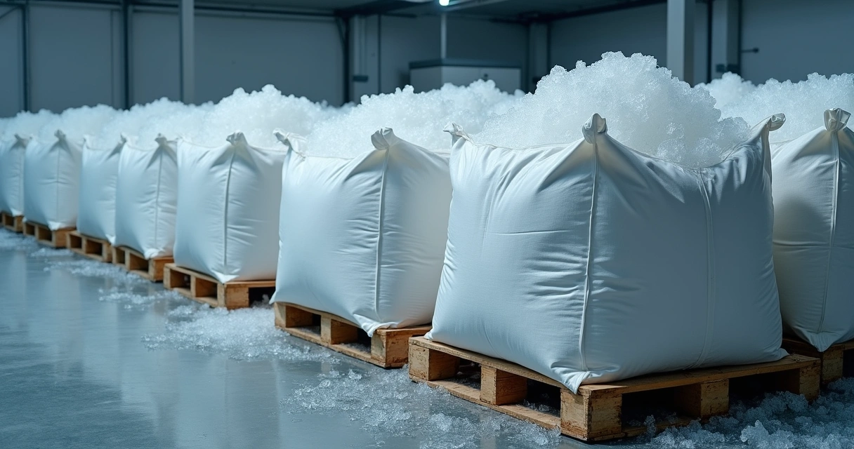 Sacos de ráfia laminados com gelo empilhados em paletes 