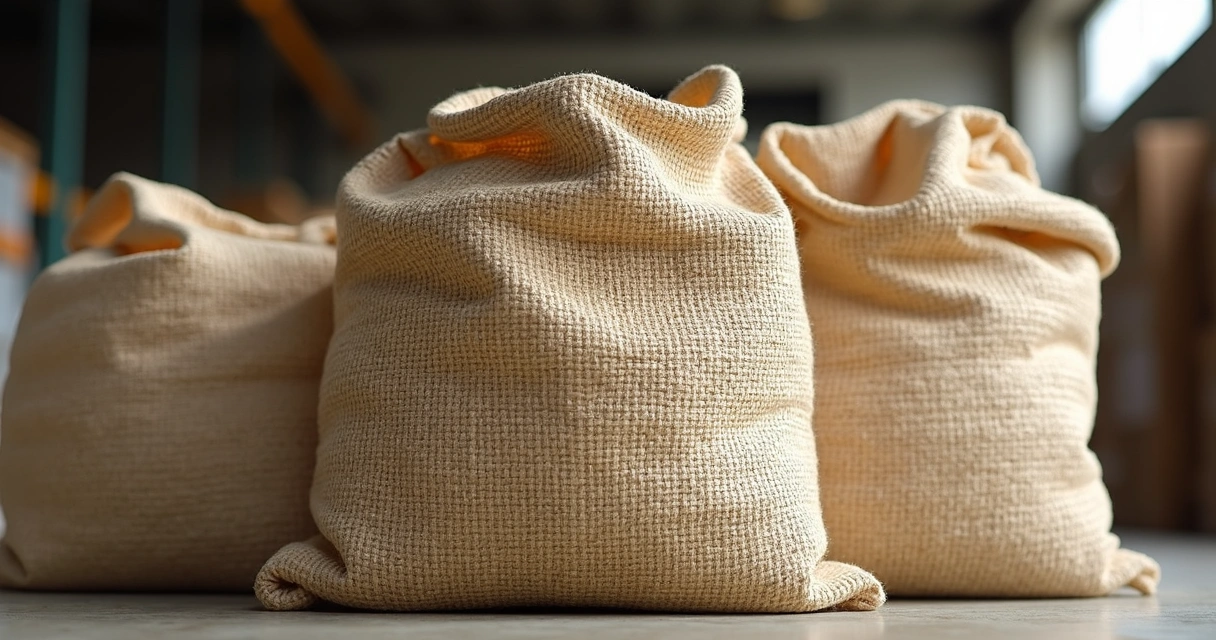 Sacos de ráfia com acabamento convencional, dispostos em pilha 