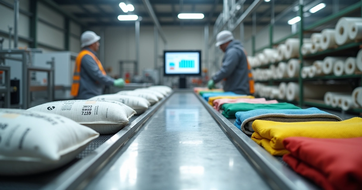 Sacos de ráfia brancos e coloridos em esteira de inspeção industrial 