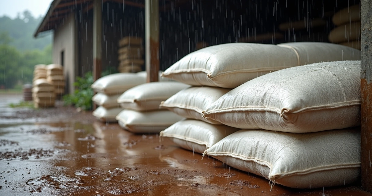 Sacos de ráfia ao ar livre com gotas de chuva sobre eles 
