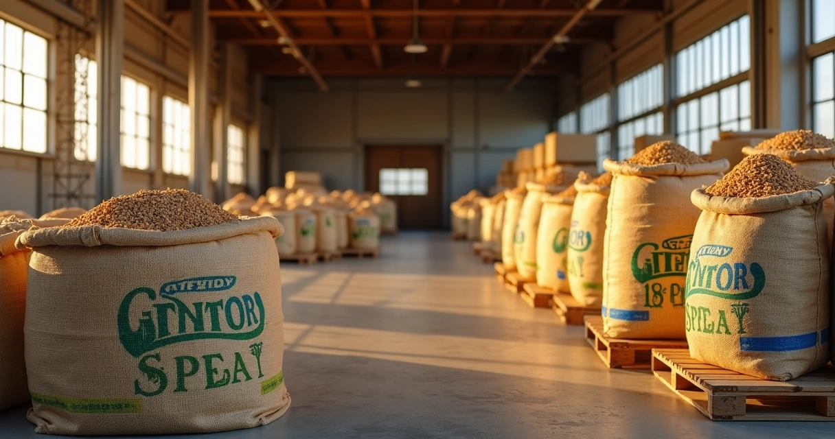Sacos de ráfia impressos empilhados em armazém agrícola 