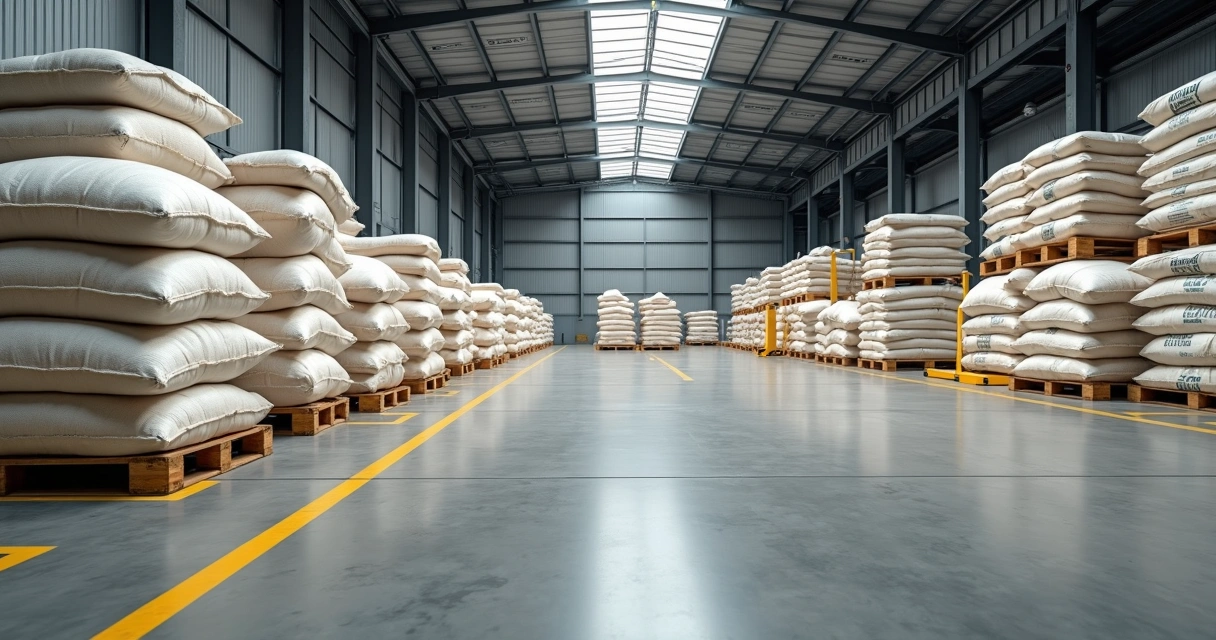 Sacos de ráfia com fertilizante empilhados em armazém organizado 