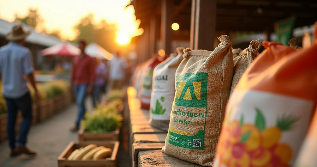 Sacos de ráfia impressos com marca colorida em bancada de feira agrícola 