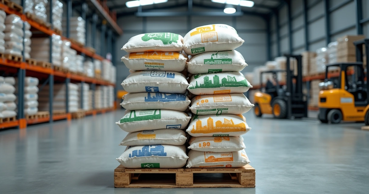 Palete com sacos de ráfia impressos coloridos em galpão limpo 