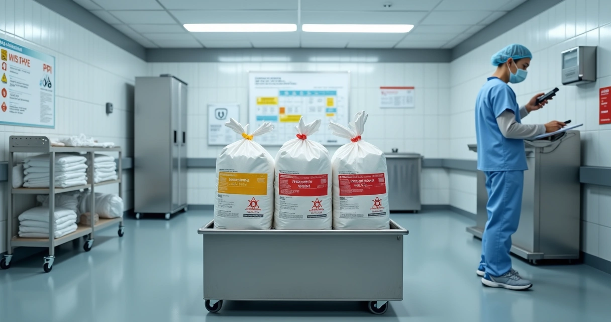 Sacos de ráfia identificando resíduos hospitalares em sala de armazenamento limpa 