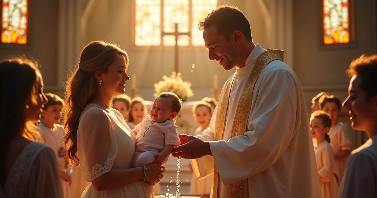 Batismo sendo celebrado em igreja católica 
