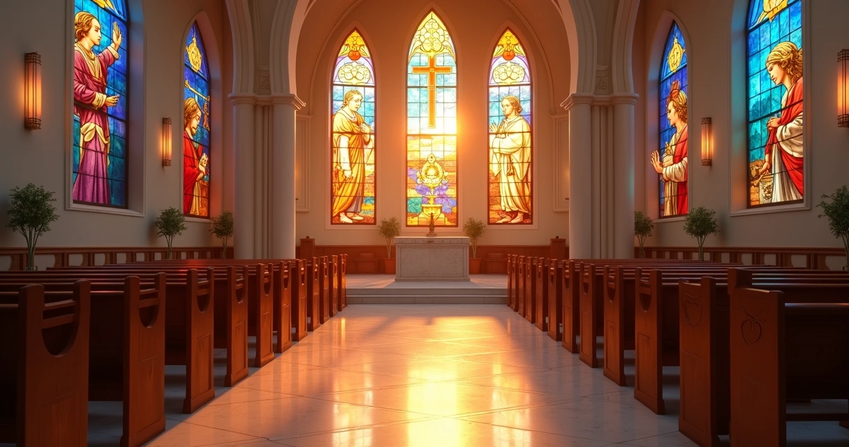 Altar de igreja católica com símbolos dos sete sacramentos iluminados em vitrais coloridos 
