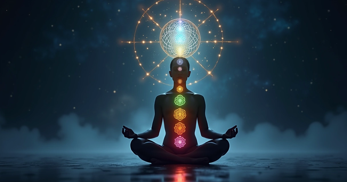 Person meditating with glowing chakras and sacred geometry patterns 
