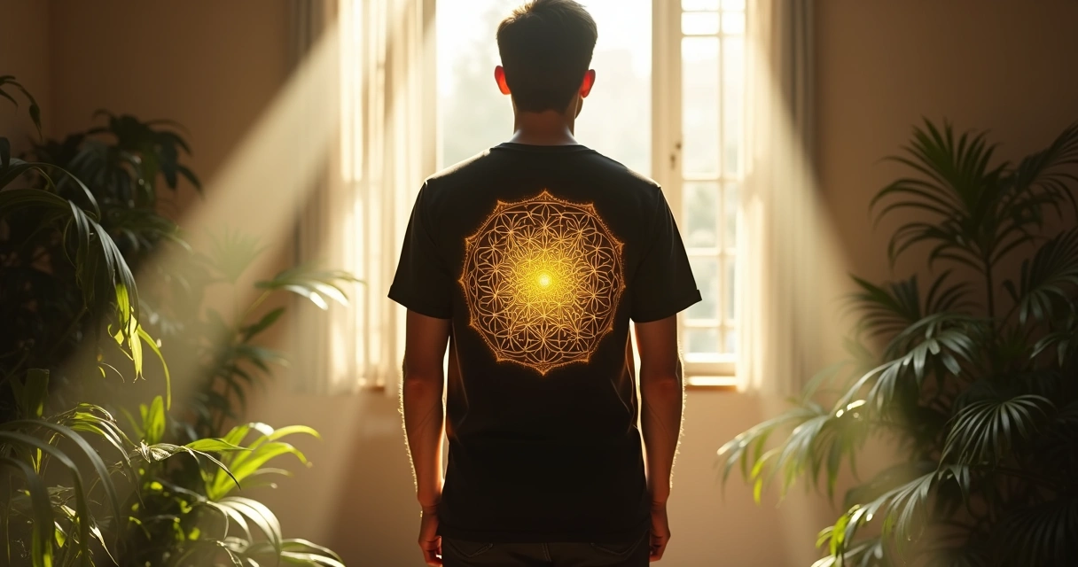 Person wearing a t-shirt with sacred geometry designs 