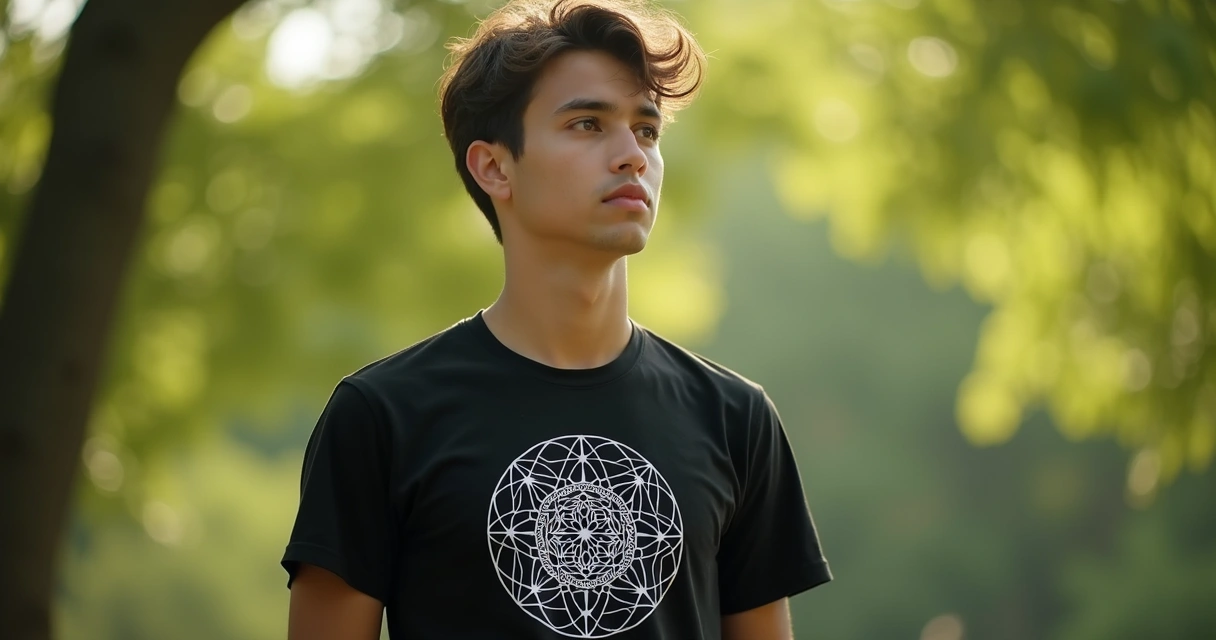 Person wearing shirt with sacred geometry symbol 