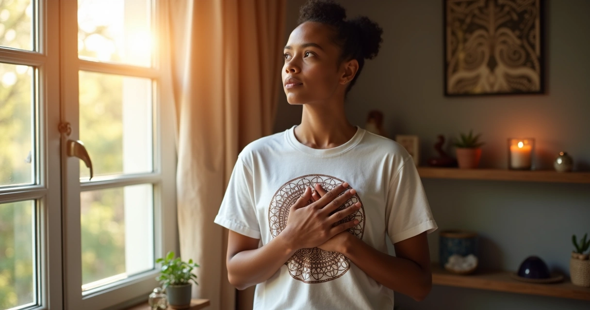 Person wearing a t-shirt with a sacred geometry pattern 