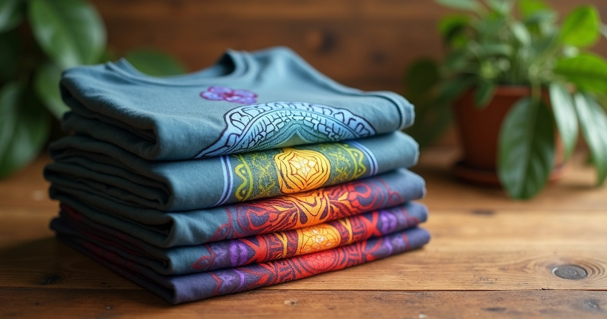 Stack of chakra and sacred geometry t-shirts on a wooden surface 