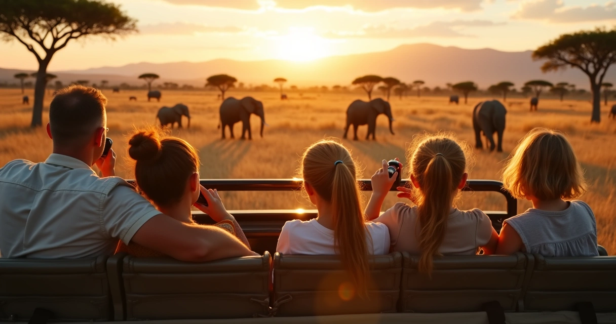 Família de diferentes idades observando animais durante safári africano 