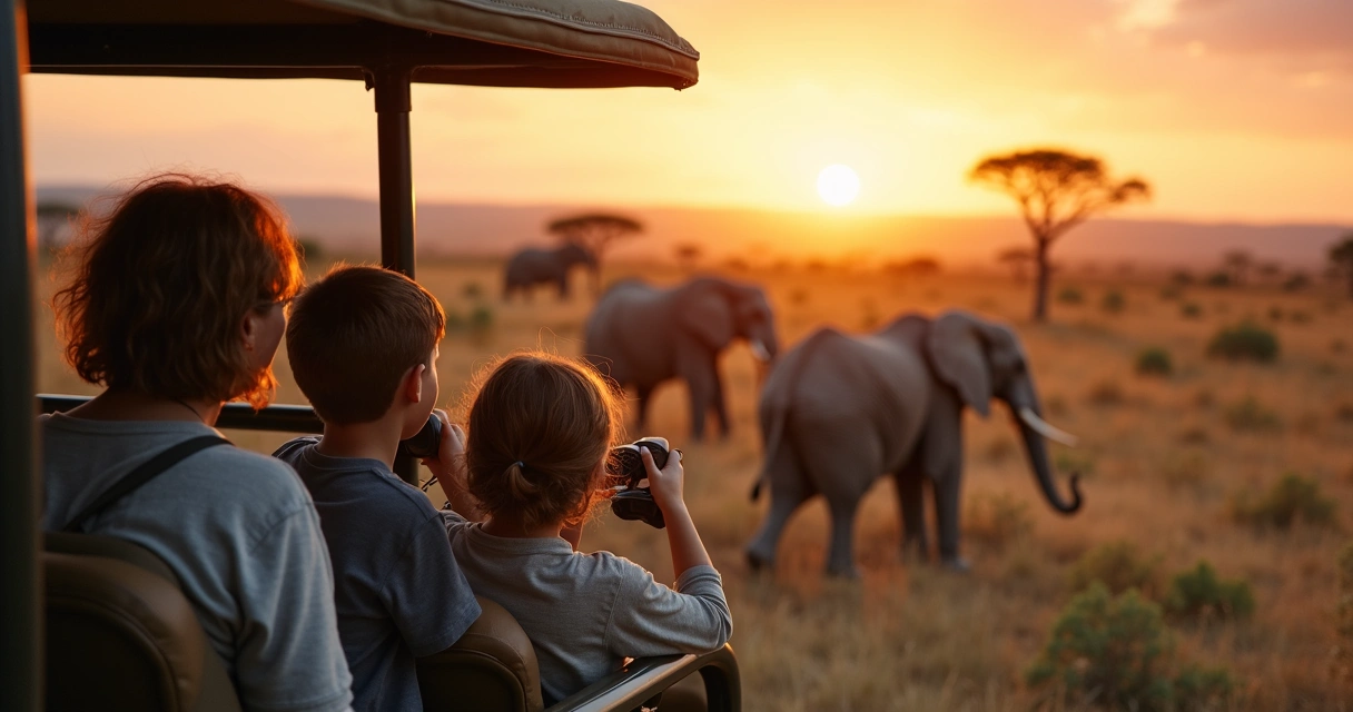 Família observando animais em safári africano 