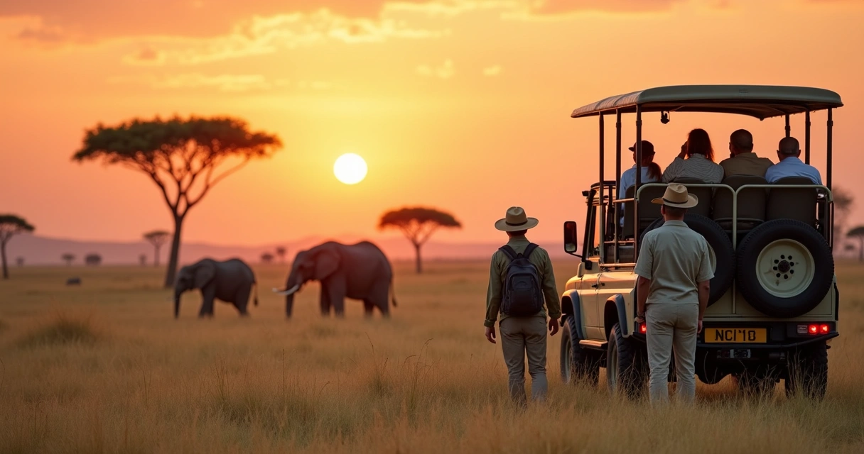 Grupo multigeracional em safári na savana africana observando elefantes ao pôr do sol 