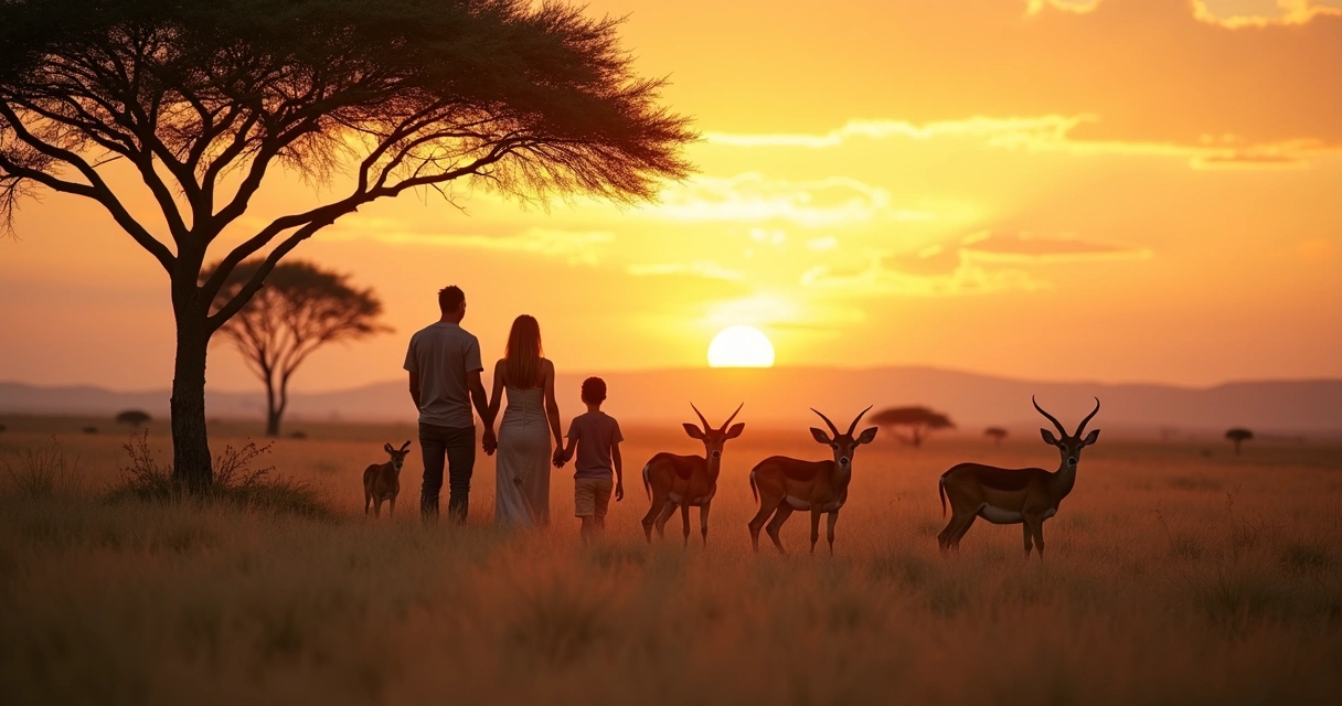 Família observando leões durante um safári africano 