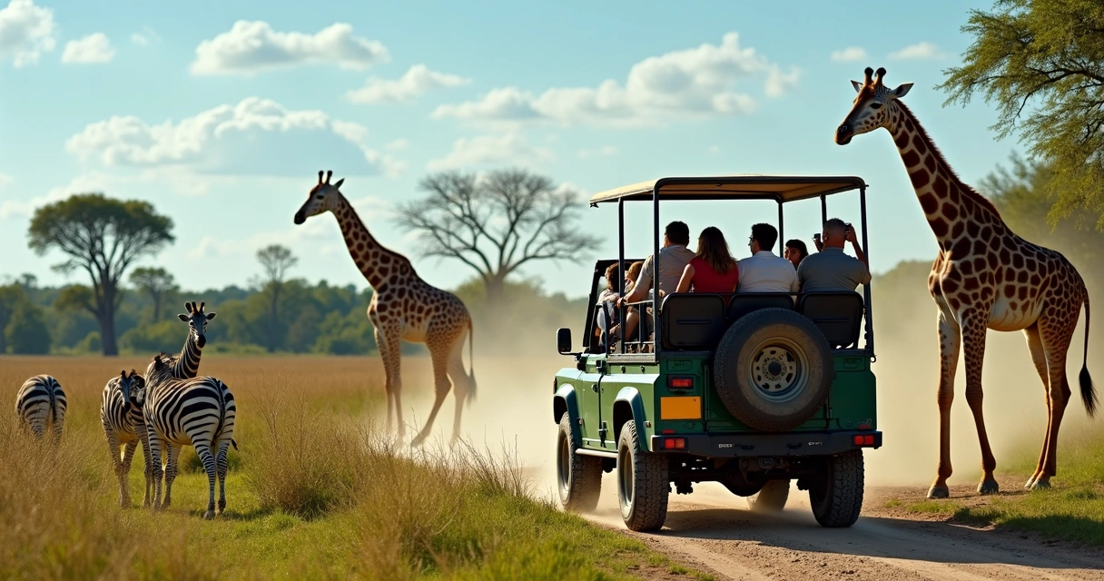 Jipe de safári próximo a girafas
