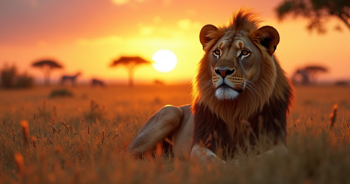 Leão descansando na savana africana ao pôr do sol com vegetação ao redor 