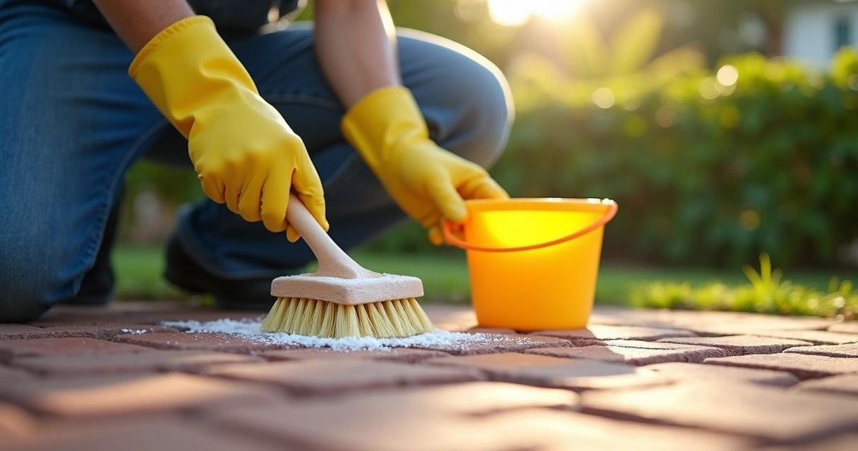 Worker using a soft brush to clean brick pavers 