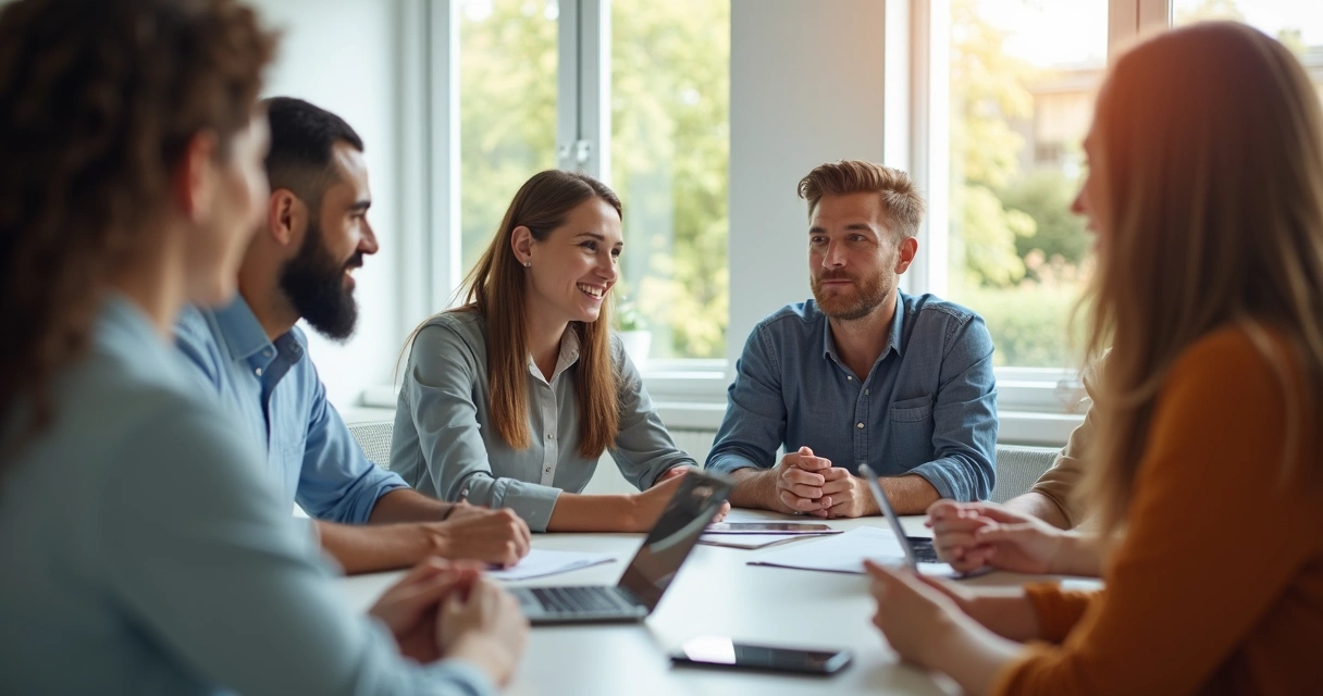 Adults in a meeting, speaking openly with relaxed body language