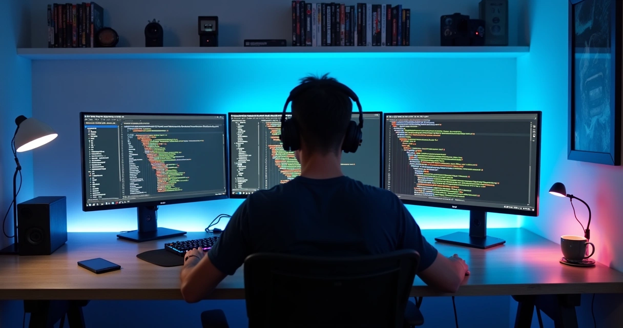 Gamer at desk with multiple monitors, installing mods with visible files and code 