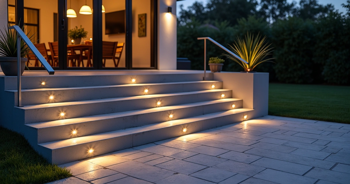 Nighttime patio steps with safe lighting and handrail 