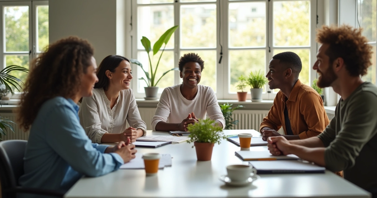 Group discussion in a relaxed workplace setting 