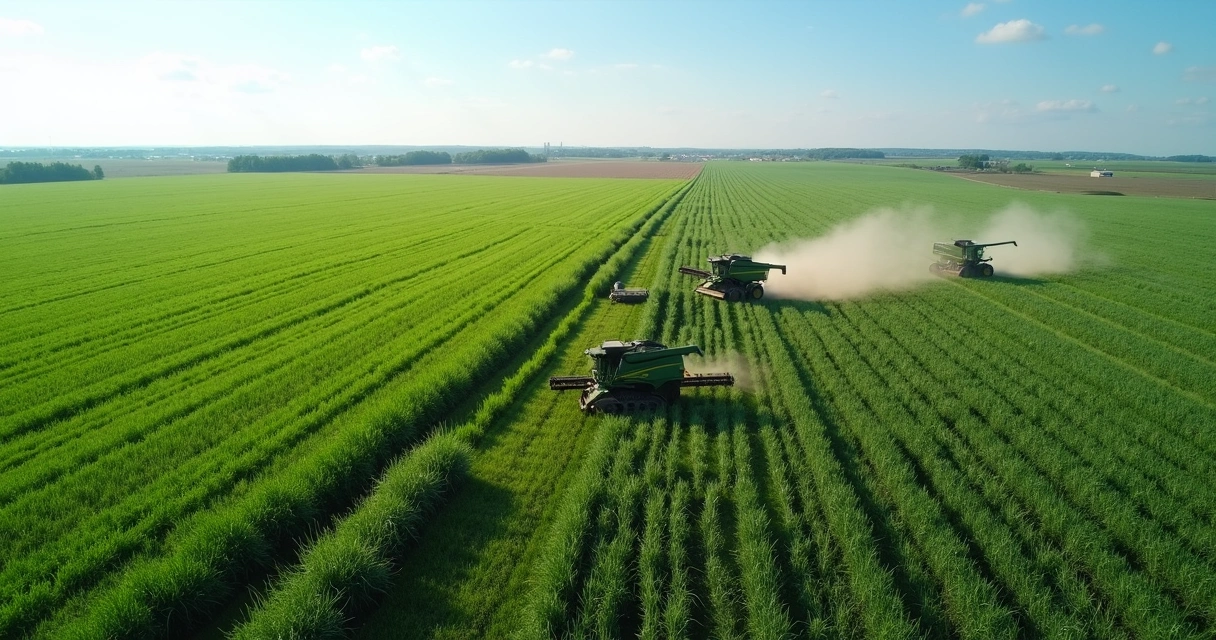 Campo de soja verde em larga escala, colheitadeiras em operação