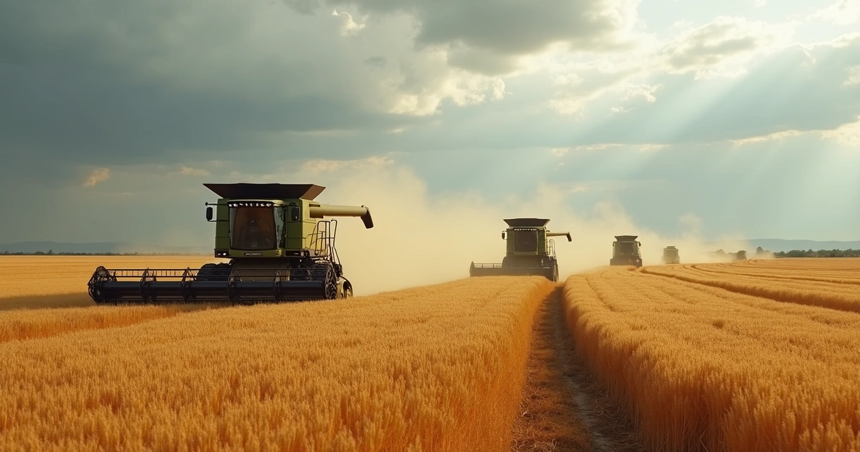 Colheita de trigo na Argentina com caminhões aguardando para transportar 