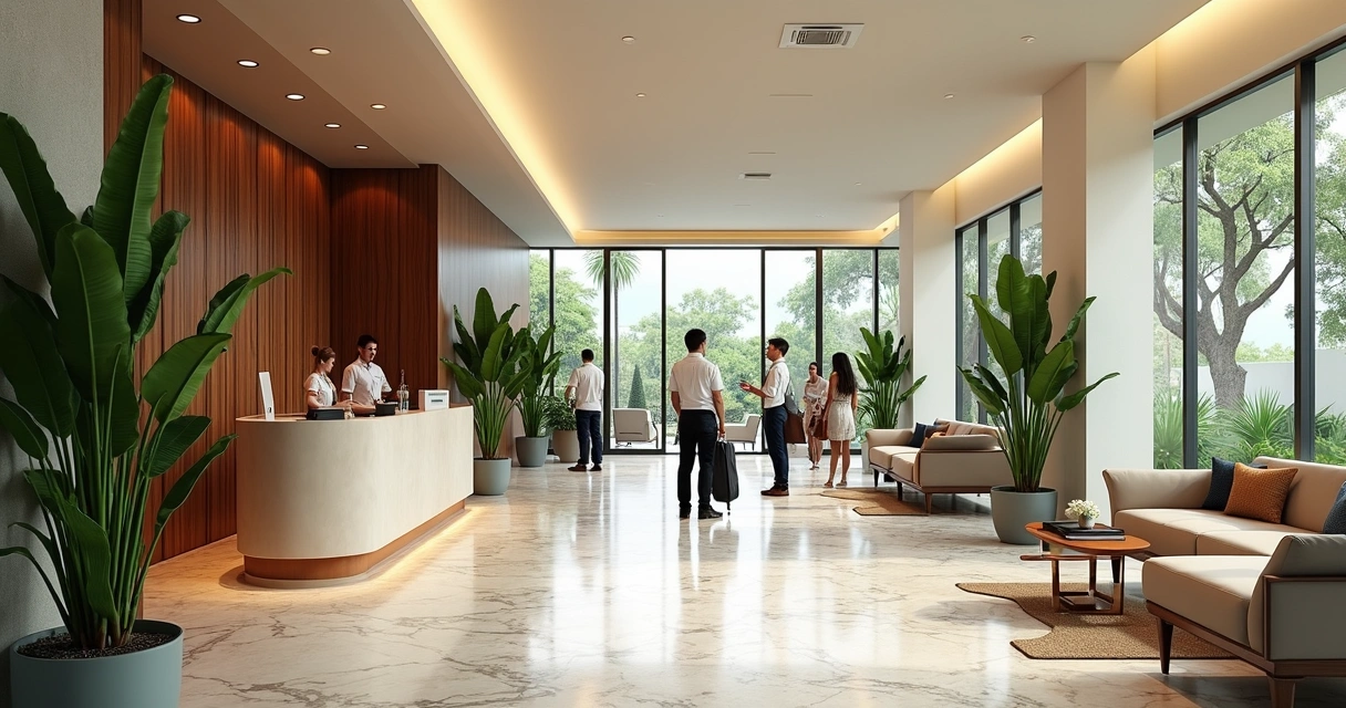 Recepção de hotel elegante e espaçosa com decoração moderna e funcionários uniformizados