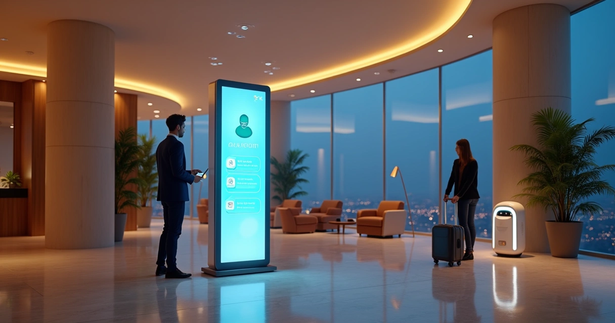 Totem de autoatendimento com inteligência artificial em saguão de hotel moderno 