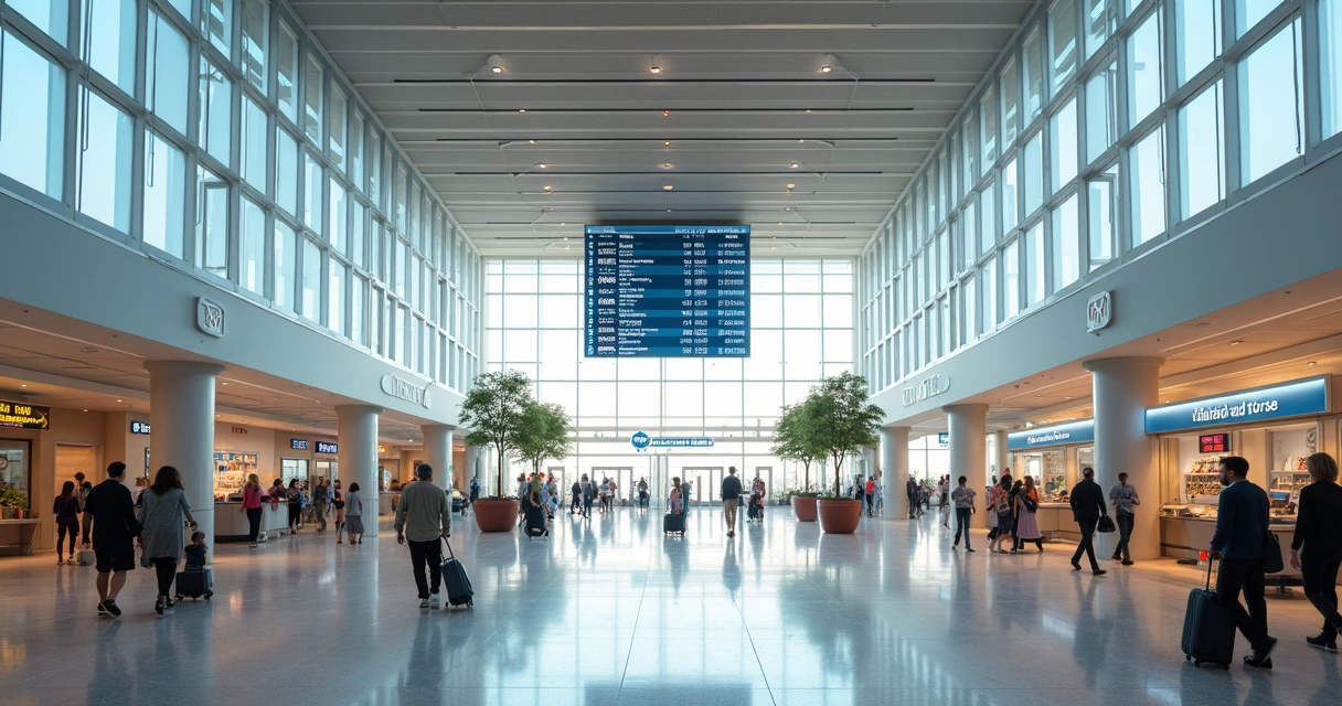 Saguão do Terminal C do aeroporto de Orlando com grande painel digital e viajantes caminhando 