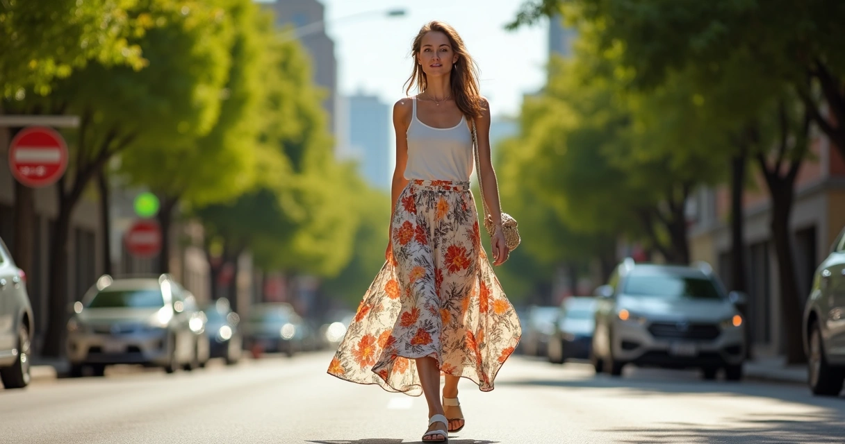 Saia midi fluida estampada com top de algodão ao ar livre