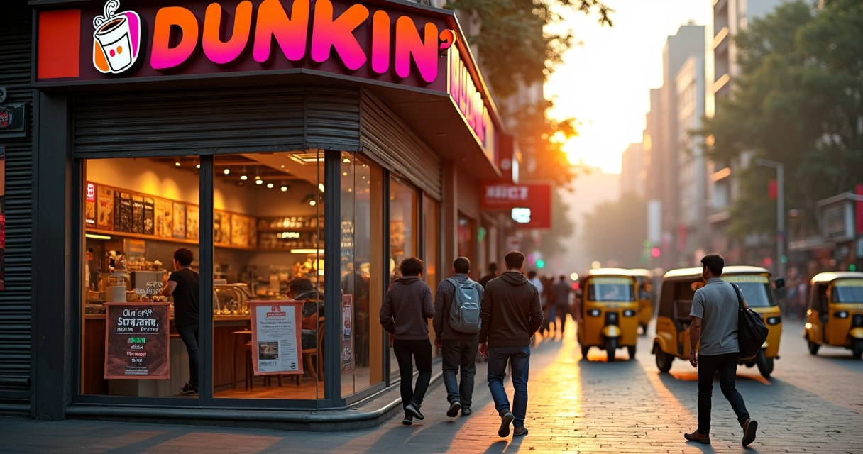 Fachada de cafeteria Dunkin em rua movimentada na Índia ao entardecer 