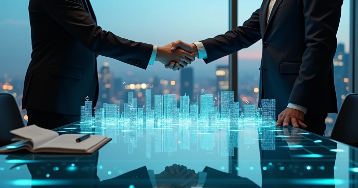 Executivos apertando as mãos sobre ponte digital formada por blocos que somem em etapas 