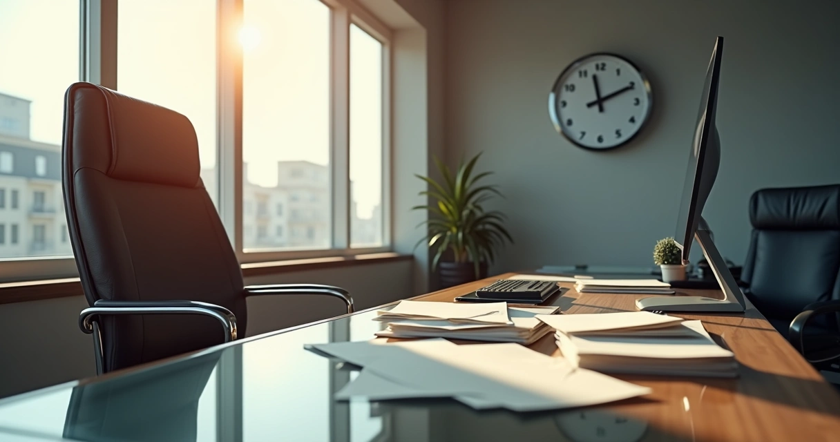 Sala corporativa vazia com uma cadeira de diretor desocupada e pastas empilhadas ao lado 