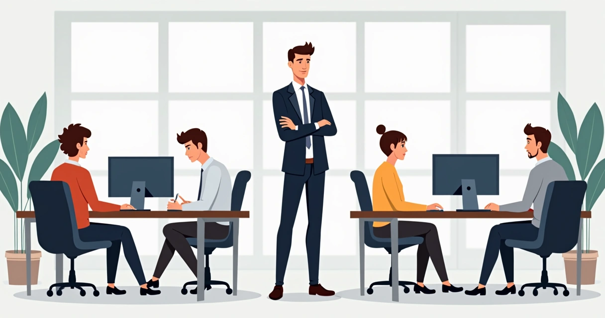 Dono da empresa olhando para a equipe, enquanto agora só supervisiona, com time assumindo a rotina. 