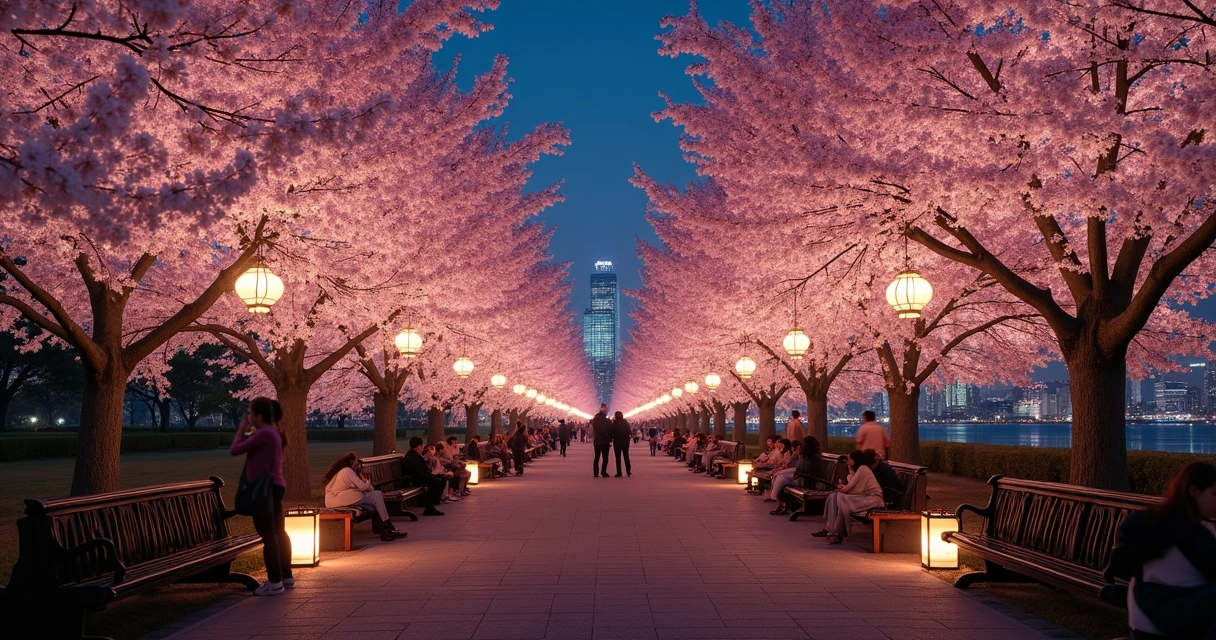 Cerejeiras iluminadas à noite no Parque Ueno, Tóquio