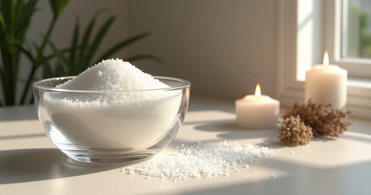 Sal grosso em um pote de vidro com pequenas porções nos cantos de um quarto