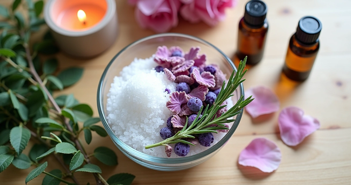 Mistura de sal grosso com ervas e pétalas em vidro