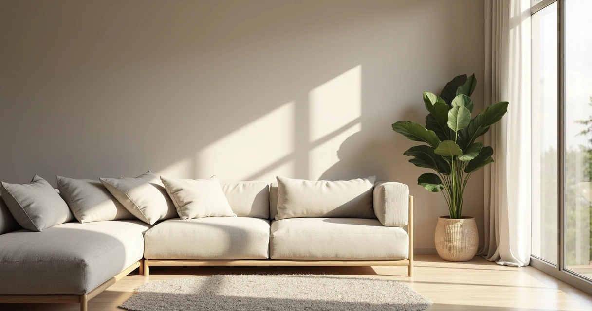 Sala de estar com tons neutros, muita luz natural e plantas 