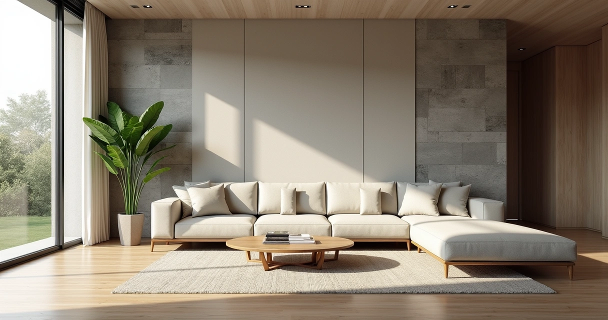 Sala moderna com piso de madeira, parede de pedra e painel de cimento queimado 