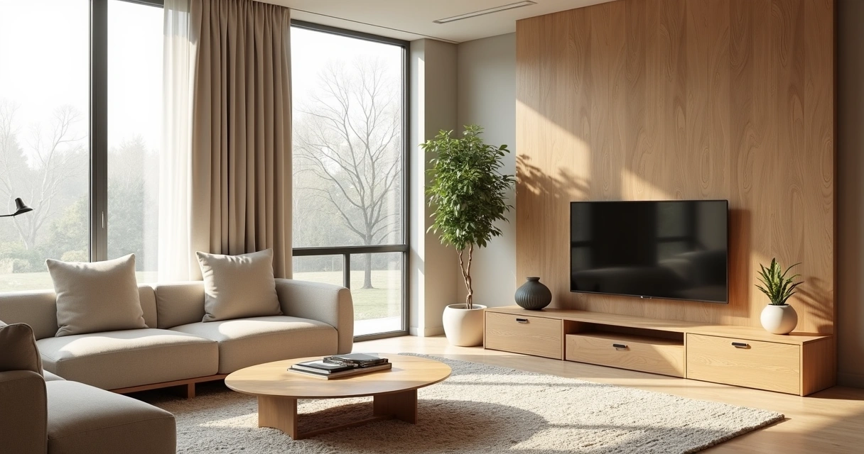 Sala de estar ampla com móveis planejados de tons amadeirados claros 