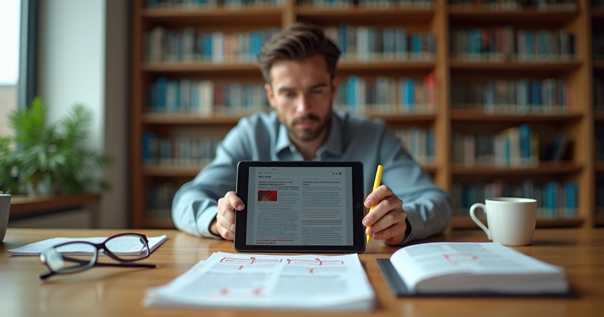 Pessoa em biblioteca usando tablet para analisar notícias digitais 