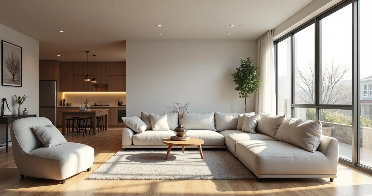 Sala de apartamento ampla com móveis modernos e janelas grandes 