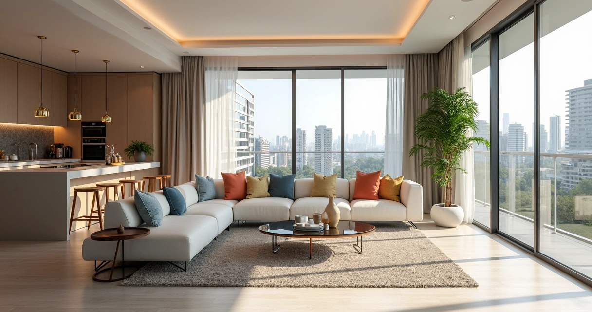 Sala de apartamento mobiliado com móveis modernos e decoração minimalista 