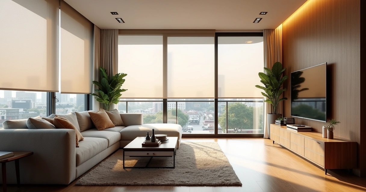 Sala de apartamento moderna em Curitiba com persiana acústica nas janelas