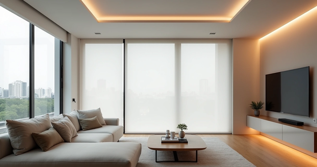 Sala de apartamento moderno em Curitiba com persiana acústica fechada na janela ampla 